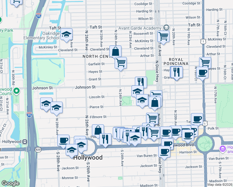 map of restaurants, bars, coffee shops, grocery stores, and more near 2413 Lincoln Street in Hollywood