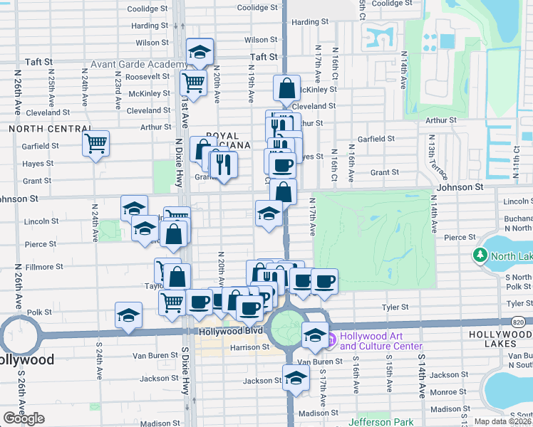 map of restaurants, bars, coffee shops, grocery stores, and more near 856 North 19th Avenue in Hollywood