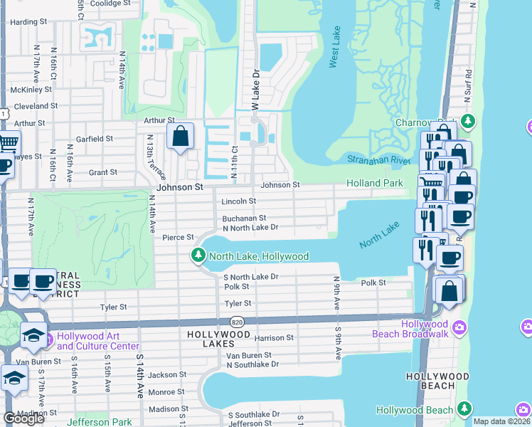 map of restaurants, bars, coffee shops, grocery stores, and more near 1039 North North Lake Drive in Hollywood