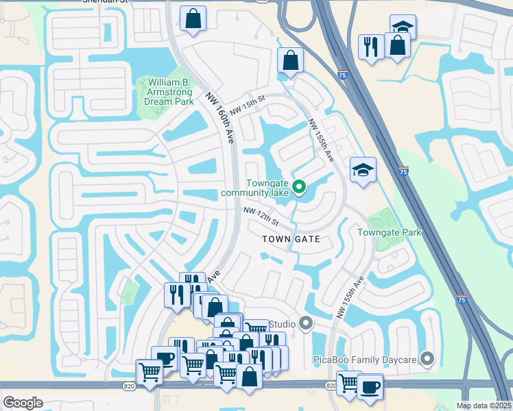 map of restaurants, bars, coffee shops, grocery stores, and more near 15910 Northwest 12th Court in Pembroke Pines