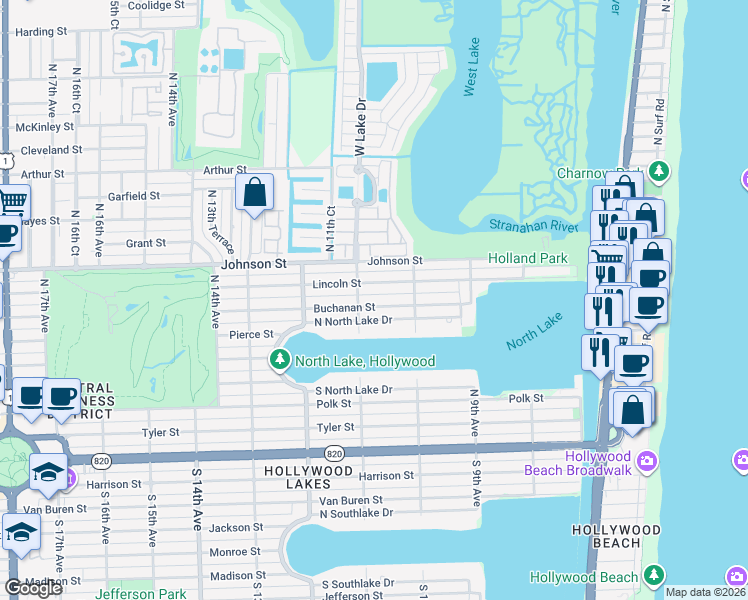 map of restaurants, bars, coffee shops, grocery stores, and more near 1039 North North Lake Drive in Hollywood