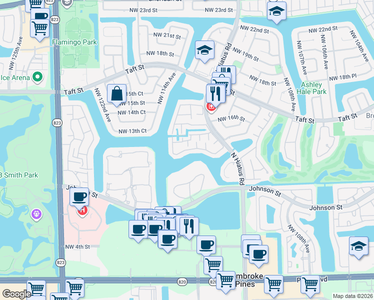 map of restaurants, bars, coffee shops, grocery stores, and more near 11288 Northwest 14th Court in Pembroke Pines