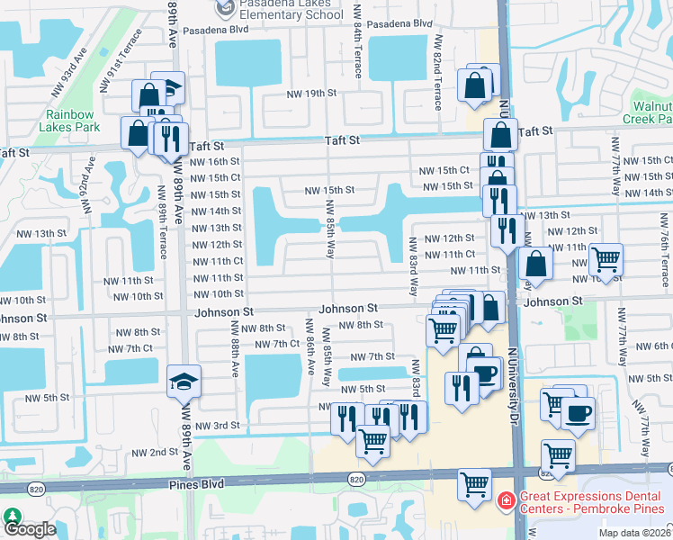 map of restaurants, bars, coffee shops, grocery stores, and more near 1111 Northwest 85th Way in Pembroke Pines