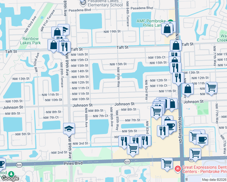 map of restaurants, bars, coffee shops, grocery stores, and more near 8560 Northwest 11th Street in Pembroke Pines