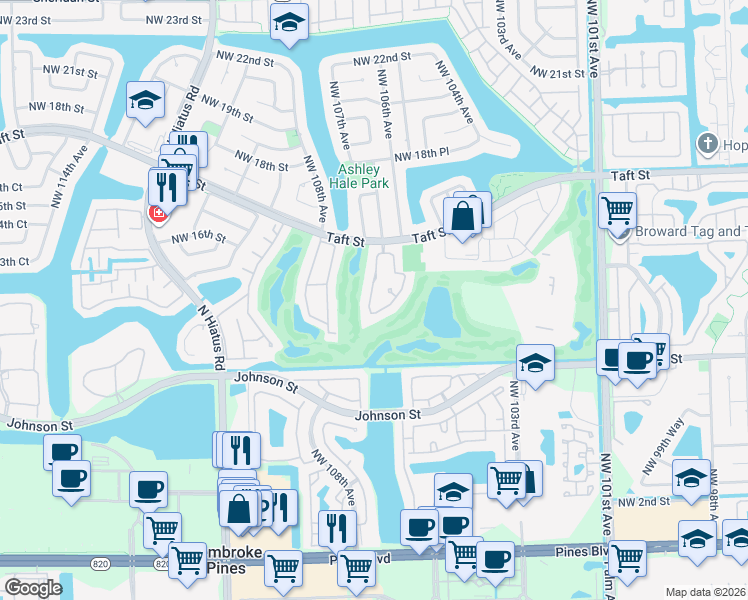 map of restaurants, bars, coffee shops, grocery stores, and more near 1420 West Sandpiper Circle in Pembroke Pines