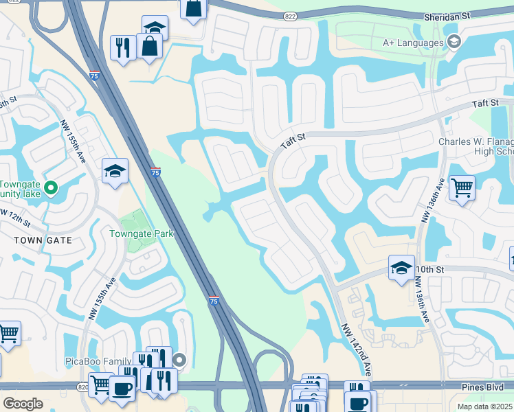 map of restaurants, bars, coffee shops, grocery stores, and more near 14335 Northwest 14th Court in Pembroke Pines