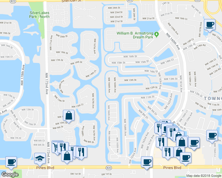 map of restaurants, bars, coffee shops, grocery stores, and more near 1219 Northwest 166th Avenue in Pembroke Pines