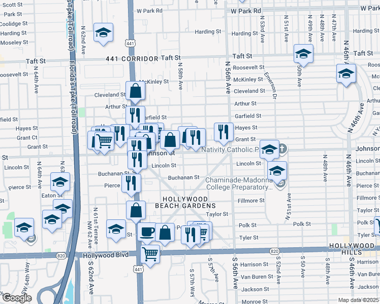 map of restaurants, bars, coffee shops, grocery stores, and more near in Hollywood