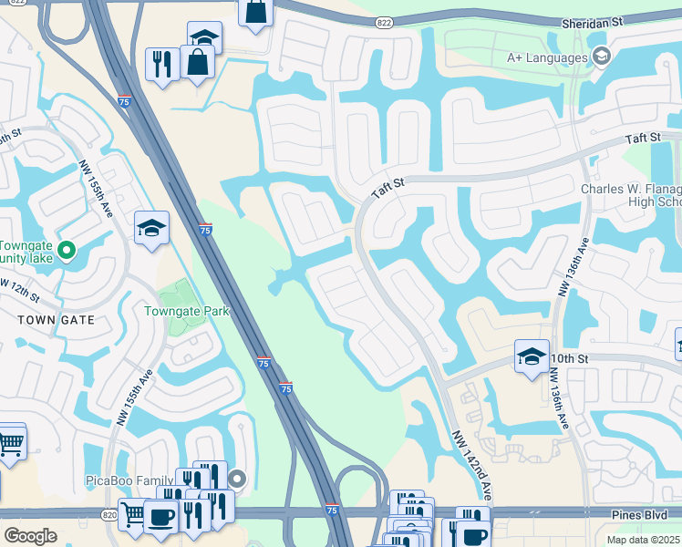 map of restaurants, bars, coffee shops, grocery stores, and more near 14335 Northwest 14th Court in Pembroke Pines