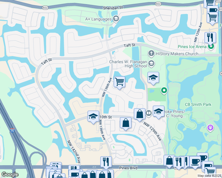map of restaurants, bars, coffee shops, grocery stores, and more near 13435 Northwest 12th Street in Pembroke Pines