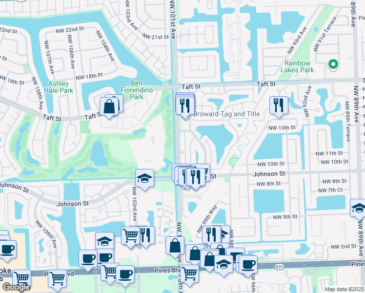 map of restaurants, bars, coffee shops, grocery stores, and more near 1104 Northwest 100th Avenue in Pembroke Pines