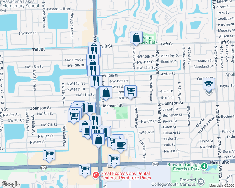 map of restaurants, bars, coffee shops, grocery stores, and more near 7871 Northwest 10th Street in Pembroke Pines