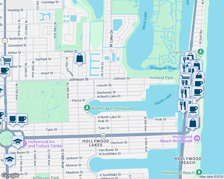 map of restaurants, bars, coffee shops, grocery stores, and more near 1100 Buchanan Street in Hollywood