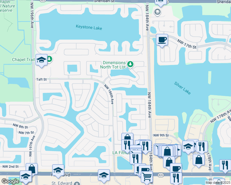 map of restaurants, bars, coffee shops, grocery stores, and more near 1360 Northwest 185th Avenue in Pembroke Pines