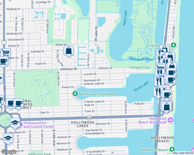 map of restaurants, bars, coffee shops, grocery stores, and more near 1100 Buchanan Street in Hollywood