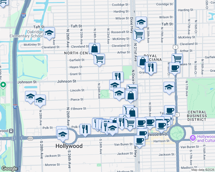 map of restaurants, bars, coffee shops, grocery stores, and more near 2331 Lincoln Street in Hollywood