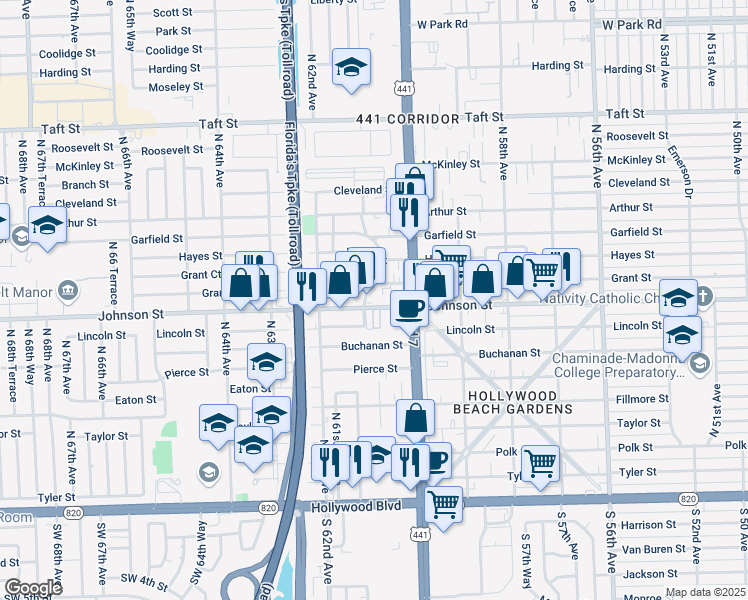 map of restaurants, bars, coffee shops, grocery stores, and more near 6057 Johnson Street in Hollywood