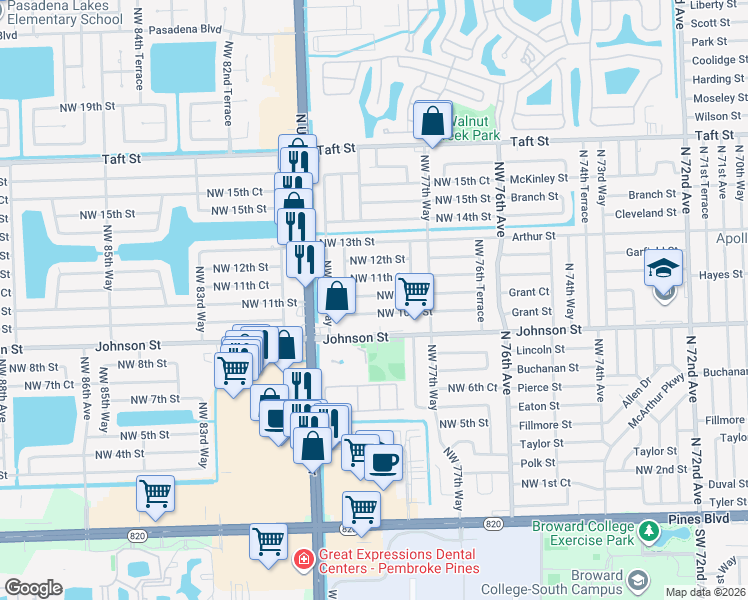 map of restaurants, bars, coffee shops, grocery stores, and more near 7871 Northwest 10th Street in Pembroke Pines