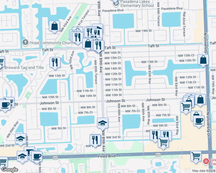 map of restaurants, bars, coffee shops, grocery stores, and more near 8871 Northwest 11th Street in Pembroke Pines