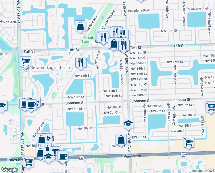 map of restaurants, bars, coffee shops, grocery stores, and more near 8965 Northwest 11th Street in Pembroke Pines