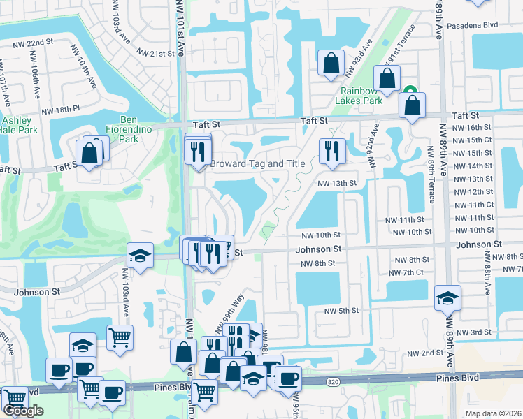 map of restaurants, bars, coffee shops, grocery stores, and more near 1184 Northwest 97th Avenue in Pembroke Pines