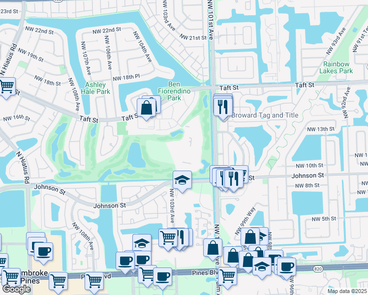 map of restaurants, bars, coffee shops, grocery stores, and more near 1000 Saint Charles Place in Pembroke Pines