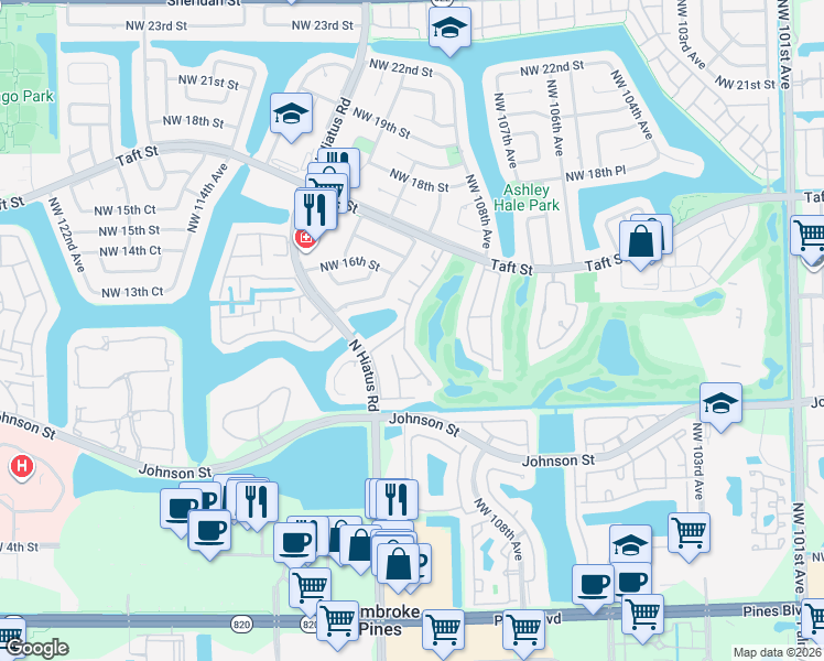 map of restaurants, bars, coffee shops, grocery stores, and more near 1221 West Fairway Road in Pembroke Pines