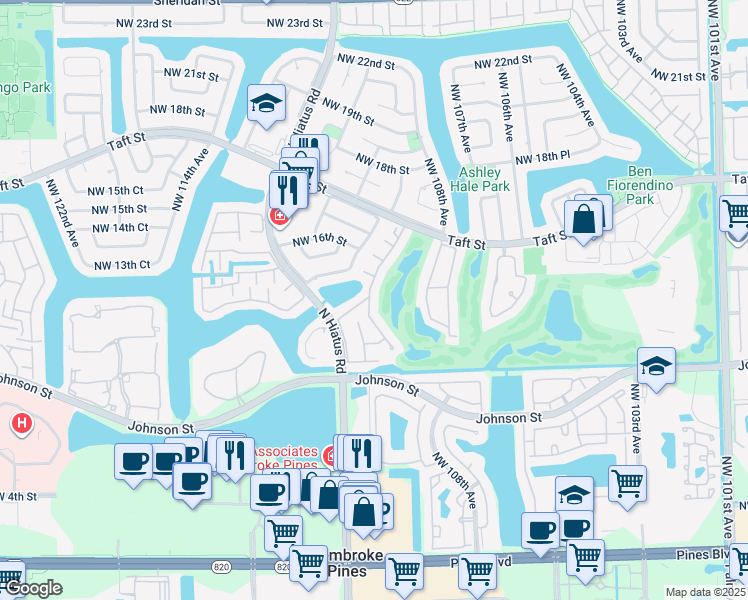 map of restaurants, bars, coffee shops, grocery stores, and more near 1221 West Fairway Road in Pembroke Pines