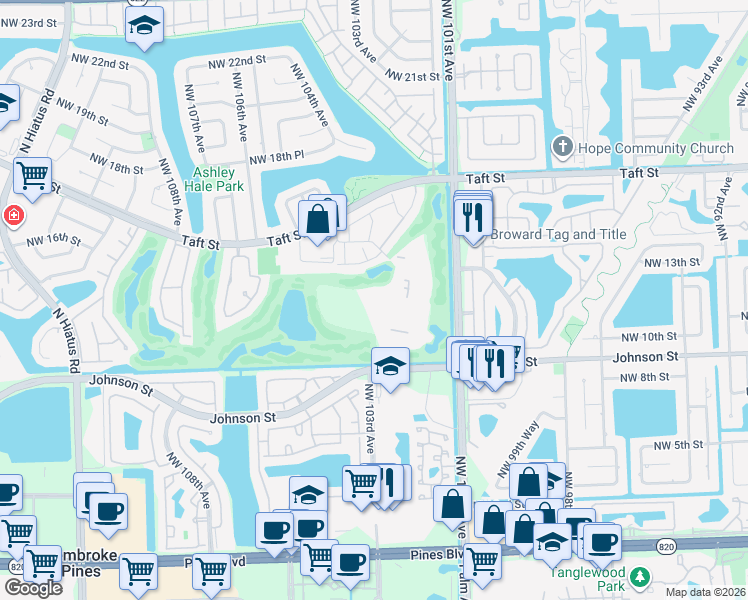 map of restaurants, bars, coffee shops, grocery stores, and more near 1000 Saint Charles Place in Pembroke Pines