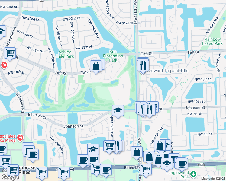 map of restaurants, bars, coffee shops, grocery stores, and more near 1000 Saint Charles Place in Pembroke Pines