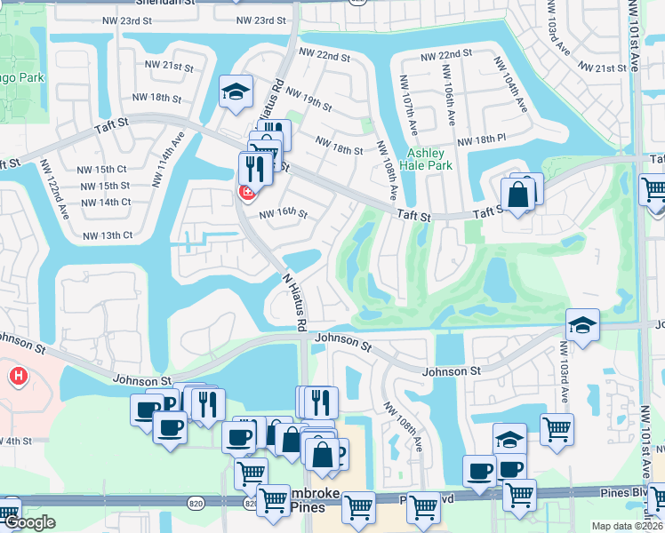 map of restaurants, bars, coffee shops, grocery stores, and more near 1221 West Fairway Road in Pembroke Pines