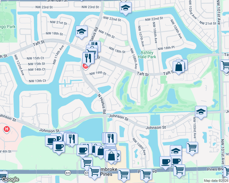 map of restaurants, bars, coffee shops, grocery stores, and more near 1221 West Fairway Road in Pembroke Pines