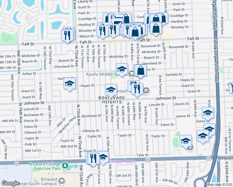 map of restaurants, bars, coffee shops, grocery stores, and more near 901 North 69th Way in Hollywood