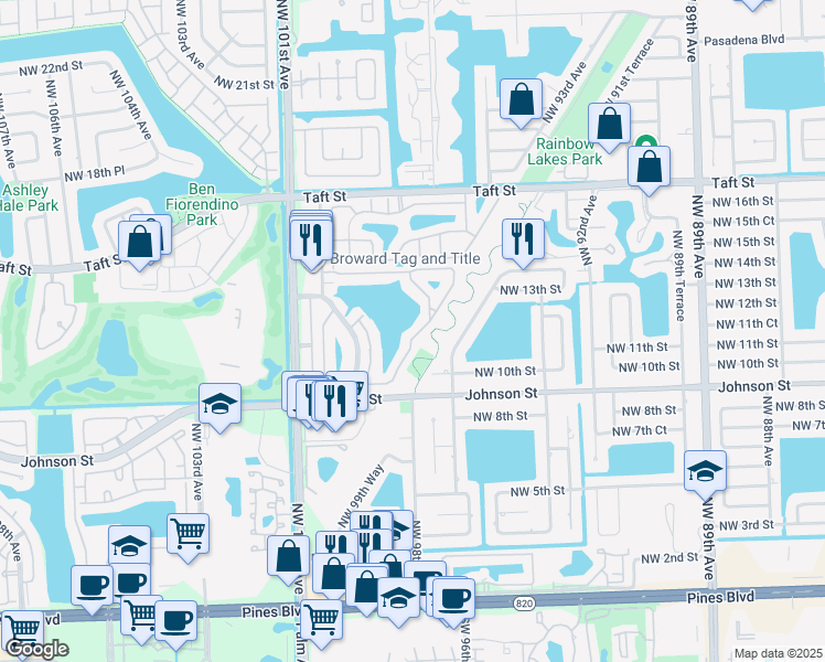 map of restaurants, bars, coffee shops, grocery stores, and more near 1184 Northwest 97th Avenue in Pembroke Pines