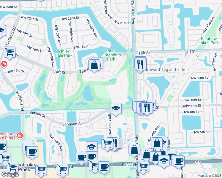 map of restaurants, bars, coffee shops, grocery stores, and more near 1000 Saint Charles Place in Pembroke Pines