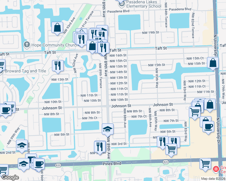 map of restaurants, bars, coffee shops, grocery stores, and more near 8871 Northwest 11th Street in Pembroke Pines