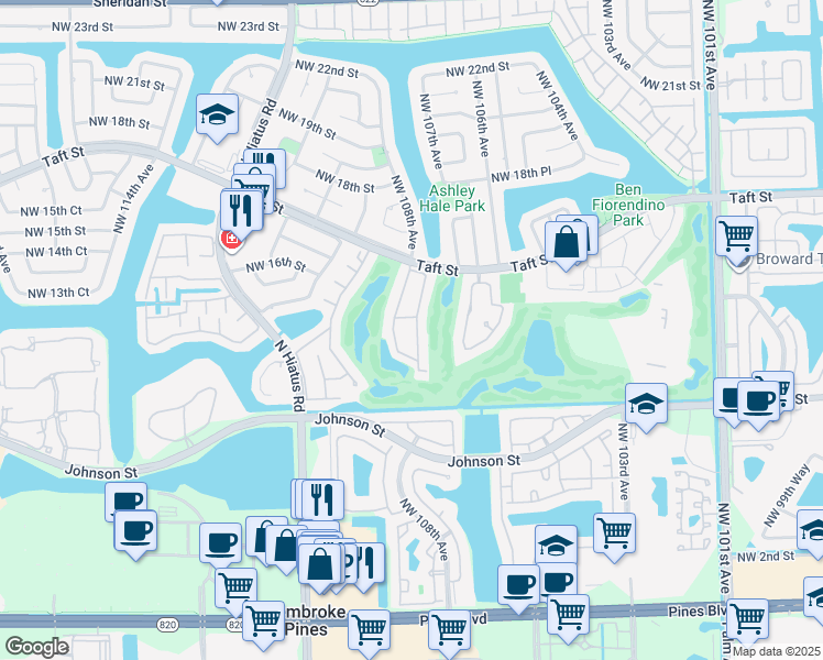 map of restaurants, bars, coffee shops, grocery stores, and more near 1400 East Golfview Drive in Pembroke Pines