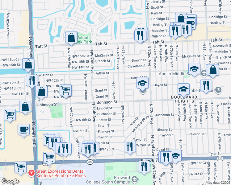 map of restaurants, bars, coffee shops, grocery stores, and more near 930 North 74th Terrace in Hollywood