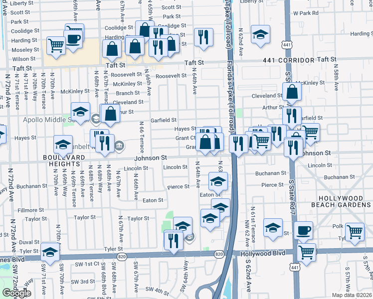 map of restaurants, bars, coffee shops, grocery stores, and more near 6416 Grant Street in Hollywood