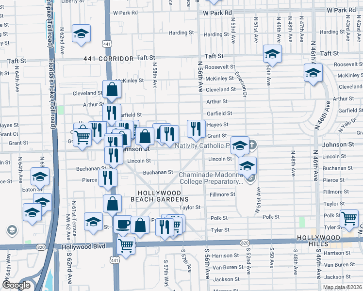 map of restaurants, bars, coffee shops, grocery stores, and more near 5700 Johnson Street in Hollywood