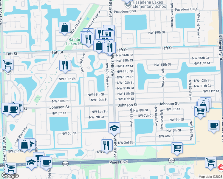 map of restaurants, bars, coffee shops, grocery stores, and more near 1102 Northwest 89th Terrace in Pembroke Pines