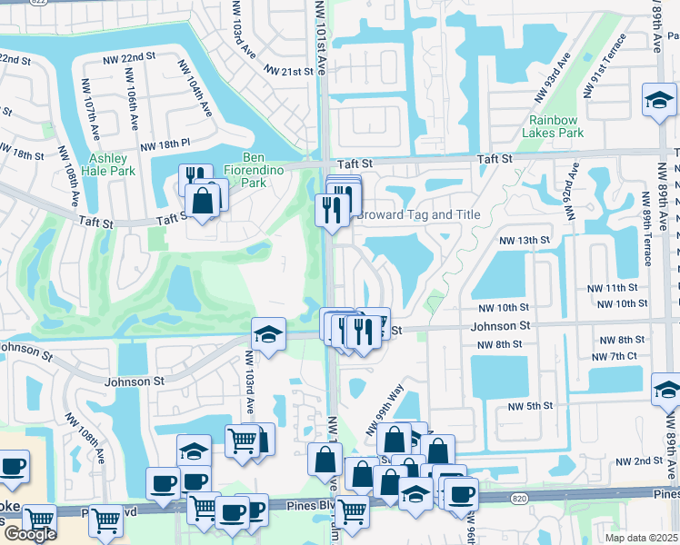 map of restaurants, bars, coffee shops, grocery stores, and more near 1104 Northwest 100th Avenue in Pembroke Pines
