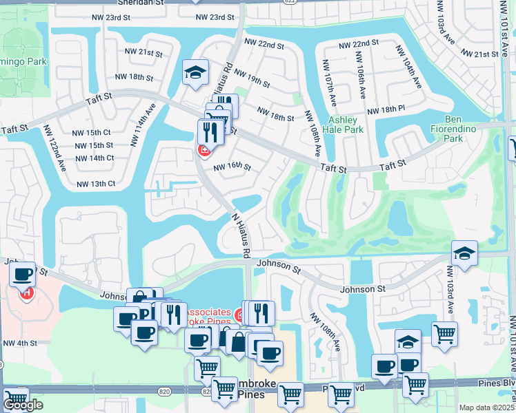 map of restaurants, bars, coffee shops, grocery stores, and more near 11121 North Lakeview Drive in Pembroke Pines