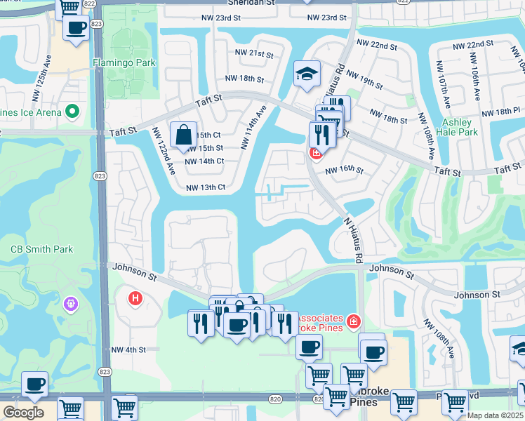 map of restaurants, bars, coffee shops, grocery stores, and more near 11396 Northwest 14th Court in Pembroke Pines