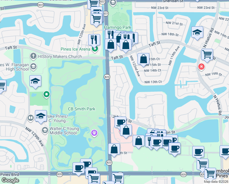 map of restaurants, bars, coffee shops, grocery stores, and more near 1201 Northwest 124th Avenue in Pembroke Pines