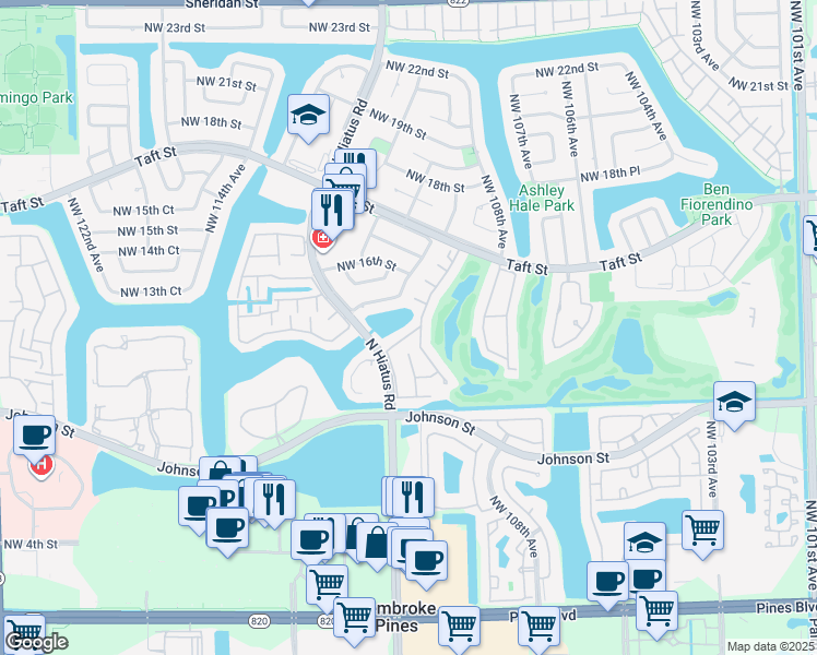 map of restaurants, bars, coffee shops, grocery stores, and more near 11121 North Lakeview Drive in Pembroke Pines