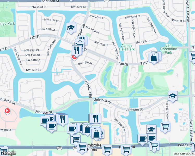 map of restaurants, bars, coffee shops, grocery stores, and more near 1221 West Fairway Road in Pembroke Pines