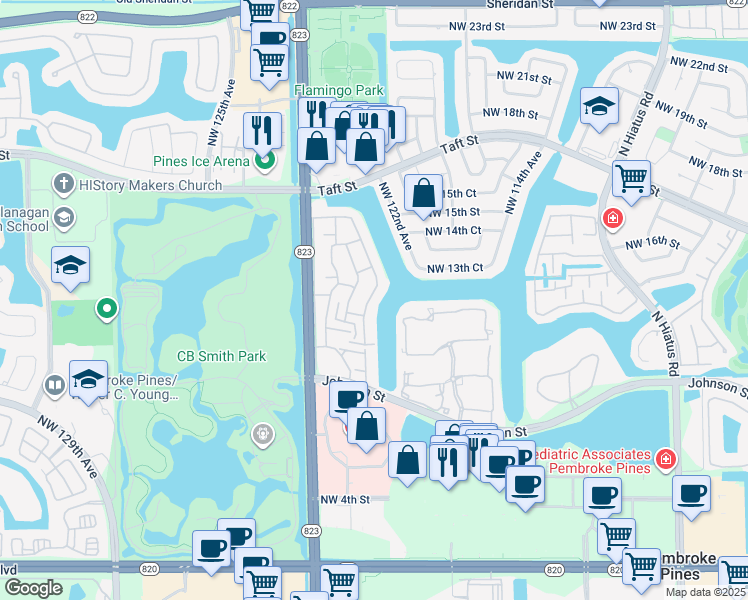map of restaurants, bars, coffee shops, grocery stores, and more near 1255 Northwest 122nd Terrace in Pembroke Pines