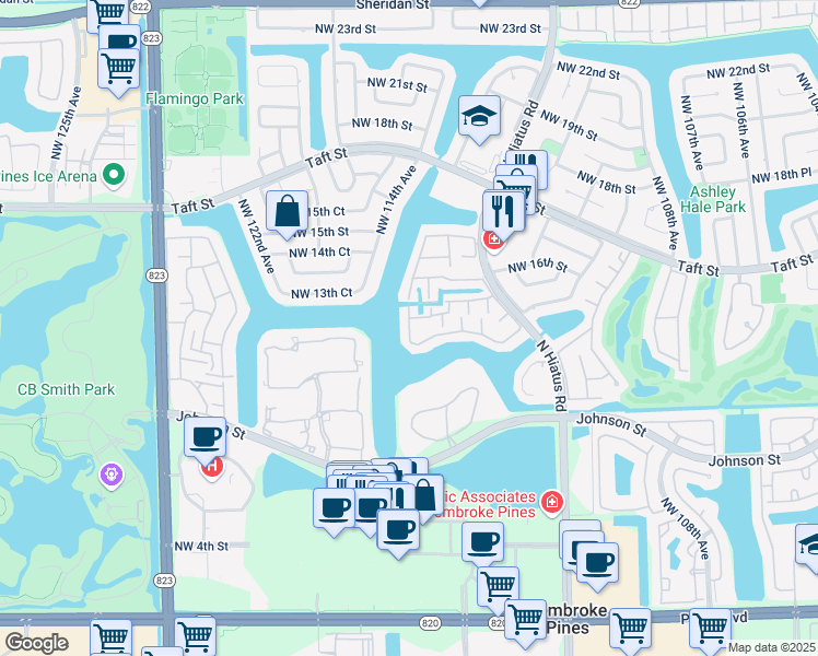 map of restaurants, bars, coffee shops, grocery stores, and more near 11396 Northwest 14th Court in Pembroke Pines