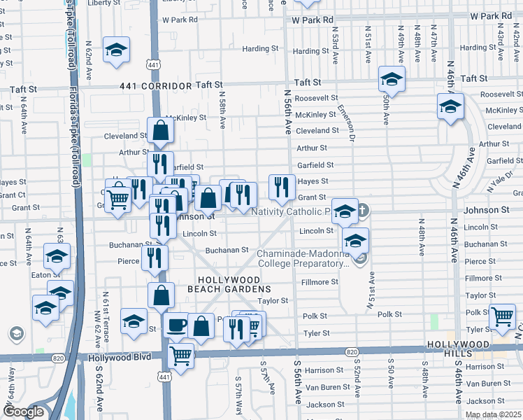 map of restaurants, bars, coffee shops, grocery stores, and more near 5700 Johnson Street in Hollywood